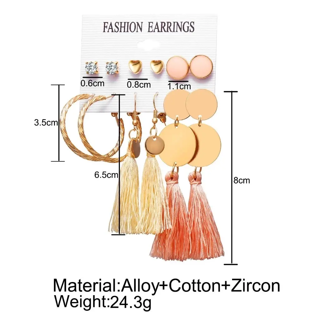 Picture of 6 Pairs/set Ethnic style tassel geometric stud earring set for women's fashion(Picture Color)