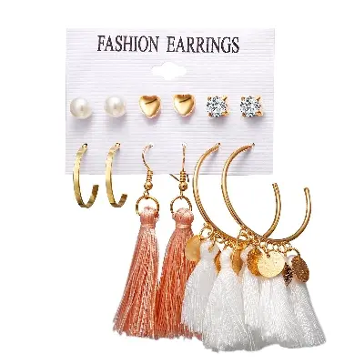 Picture of 6 Pairs/set Tassel Jewelry Set Small Earring Stud Women Tassel Earring Set for women's fashion(Same as Pic)