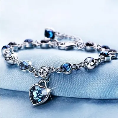 Picture of 2 Pcs/Set Silver Heart Bracelets For Women Blue Sapphire Tanzanite Chain Bracelet Trendy Wedding Gift Fine Jewelry - Bracelet For Women(Black Stone)