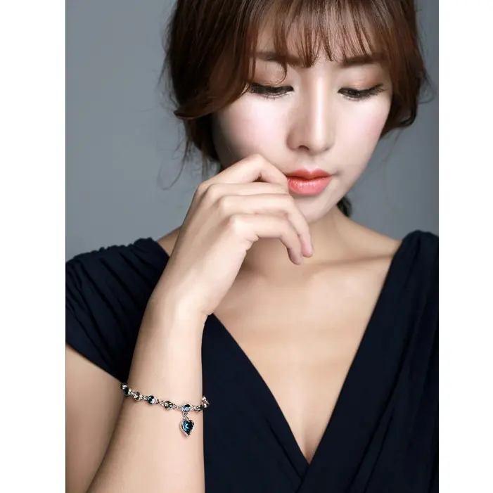 Picture of 2 Pcs/Set Silver Heart Bracelets For Women Blue Sapphire Tanzanite Chain Bracelet Trendy Wedding Gift Fine Jewelry - Bracelet For Women(Black Stone)