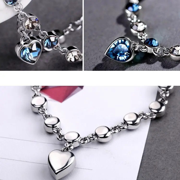 Picture of 2 Pcs/Set Silver Heart Bracelets For Women Blue Sapphire Tanzanite Chain Bracelet Trendy Wedding Gift Fine Jewelry - Bracelet For Women(Black Stone)