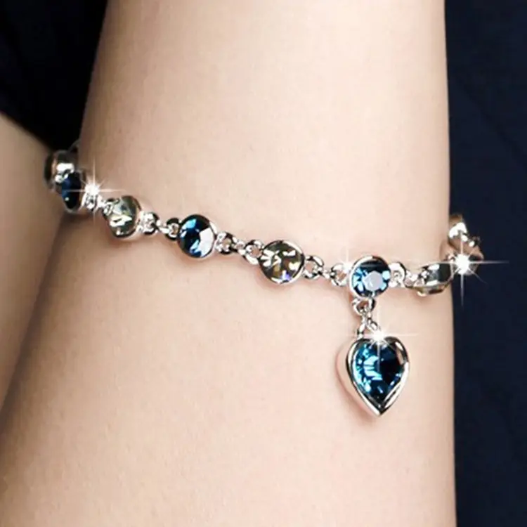 Picture of 2 Pcs/Set Silver Heart Bracelets For Women Blue Sapphire Tanzanite Chain Bracelet Trendy Wedding Gift Fine Jewelry - Bracelet For Women(Black Stone)