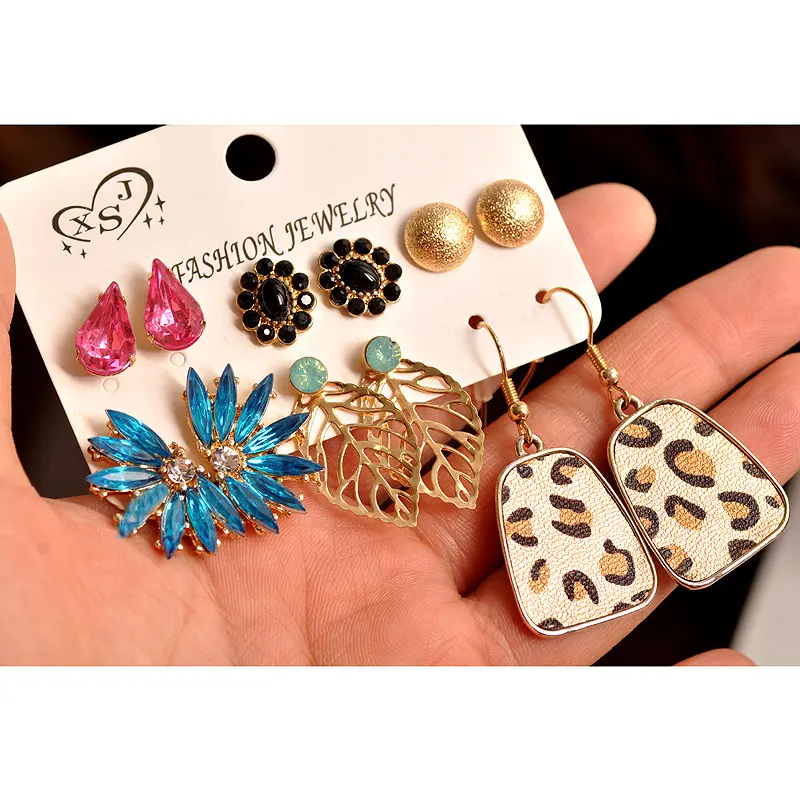 Picture of 6 Pairs/set earring set Leather leopard print pink water drop golden buns exaggerated earring set for women's fashion EID(Multicolor)