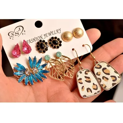 Picture of 6 Pairs/set earring set Leather leopard print pink water drop golden buns exaggerated earring set for women's fashion EID(Multicolor)