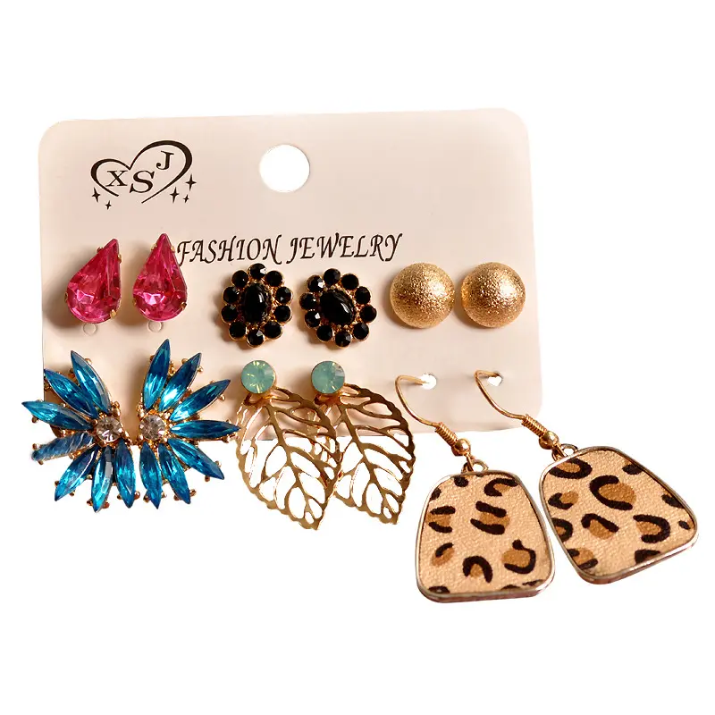 Picture of 6 Pairs/set earring set Leather leopard print pink water drop golden buns exaggerated earring set for women's fashion EID(Multicolor)