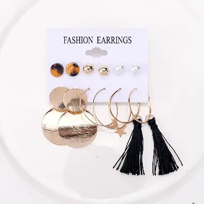 Picture of 6 Pairs/set statement geometry black tassel earring set for women fashion(Multicolor)