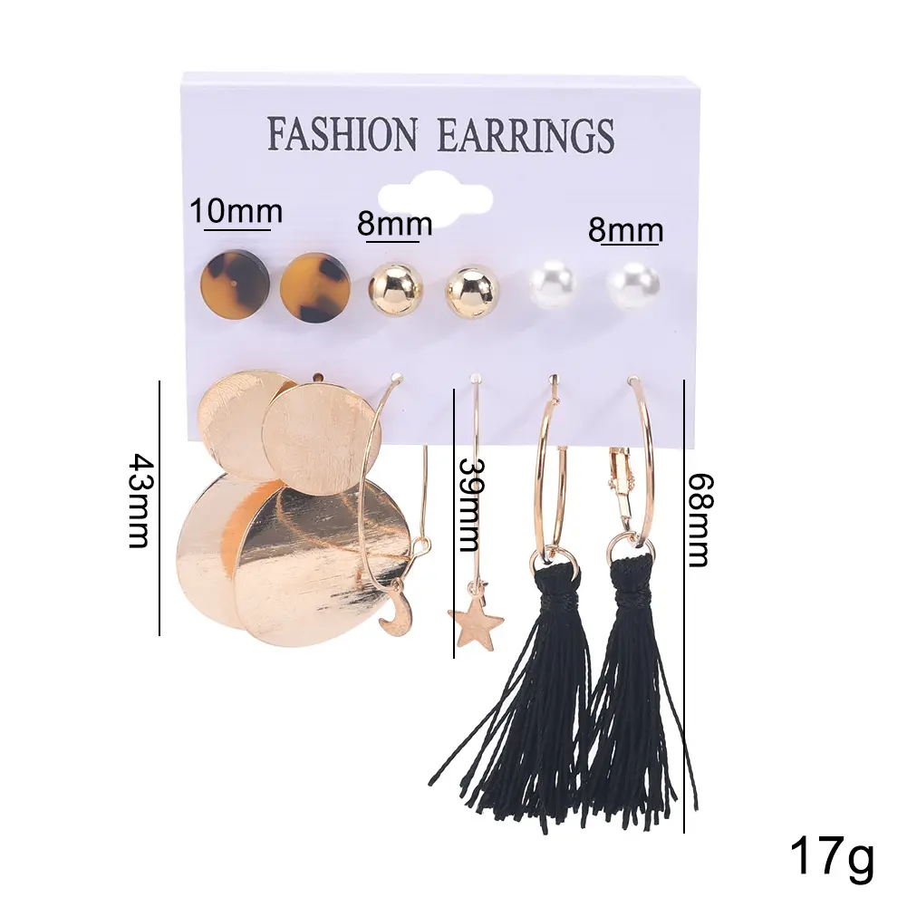 Picture of 6 Pairs/set statement geometry black tassel earring set for women fashion(Multicolor)