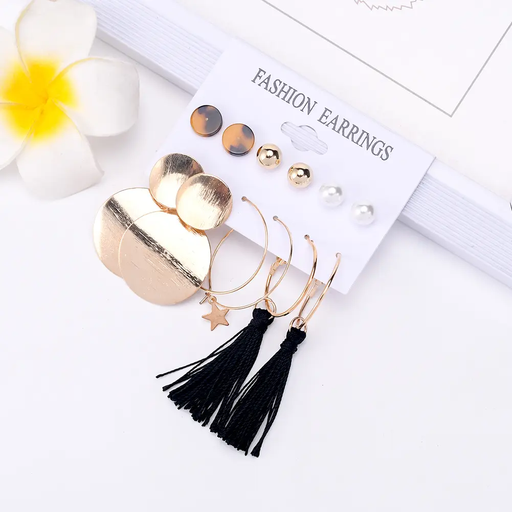 Picture of 6 Pairs/set statement geometry black tassel earring set for women fashion(Multicolor)
