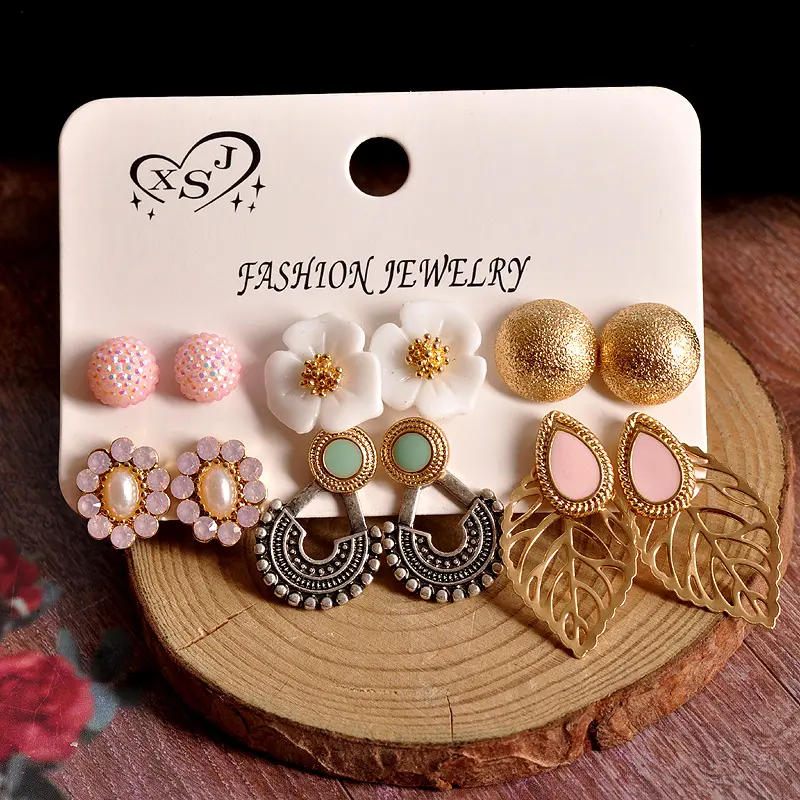 Picture of New fashion European and American style female jewelry 6 pairs/set earring pearls, hollow leaves earring set(Same as Picture)