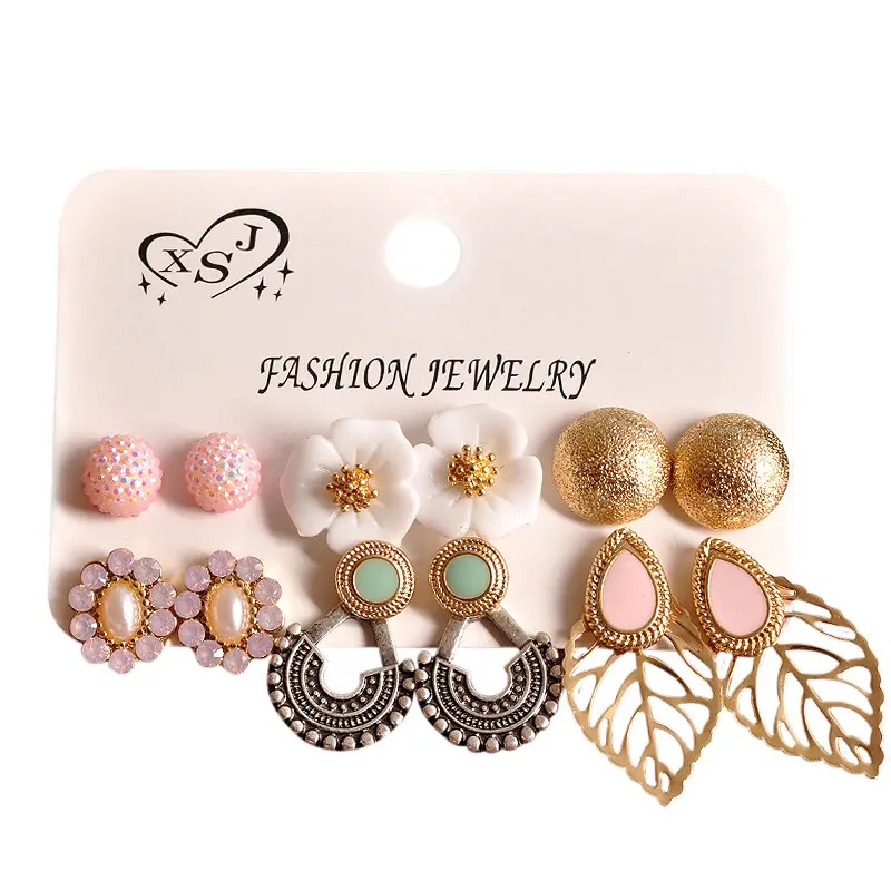 Picture of New fashion European and American style female jewelry 6 pairs/set earring pearls, hollow leaves earring set(Same as Picture)