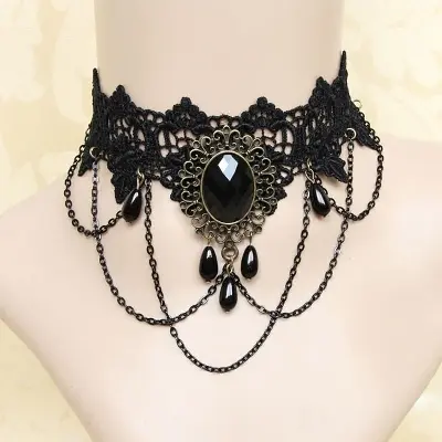 Picture of Retro Black Lace Tassel Choker Necklace Clavicle Chain False Collar Gothic Style Adjustable Lace Necklace 29x8 cm for Women(Black)