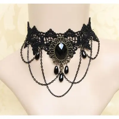 Picture of Retro Black Lace Tassel Choker Necklace Clavicle Chain False Collar Gothic Style Adjustable Lace Necklace 29x8 cm for Women(Black)