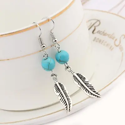 Picture of Retro romantic sky blue turquoise round beads leaf earrings earrings small size(Multicolor)