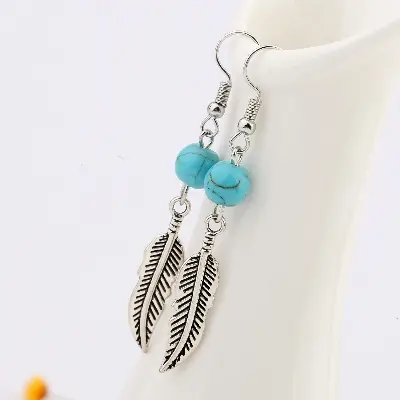 Picture of Retro romantic sky blue turquoise round beads leaf earrings earrings small size(Multicolor)