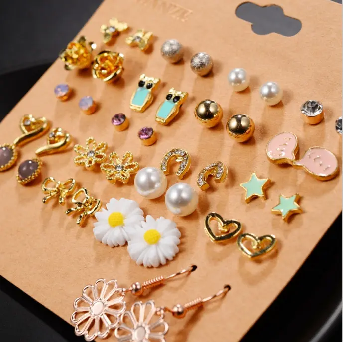 Picture of 20 Pairs/set Earring Fashion Korean Jewelry Earrings Earrings Set 20 Pairs of Plate Pearl Bow Earrings for women's fashion(Multicolor)
