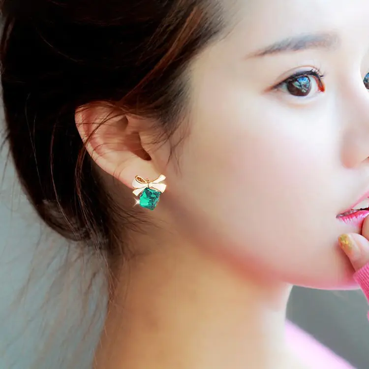 Picture of Korea cute bow crystal square earrings zircon alloy earrings earrings fashion temperament wild earrings women's fashion(Green Crystal)