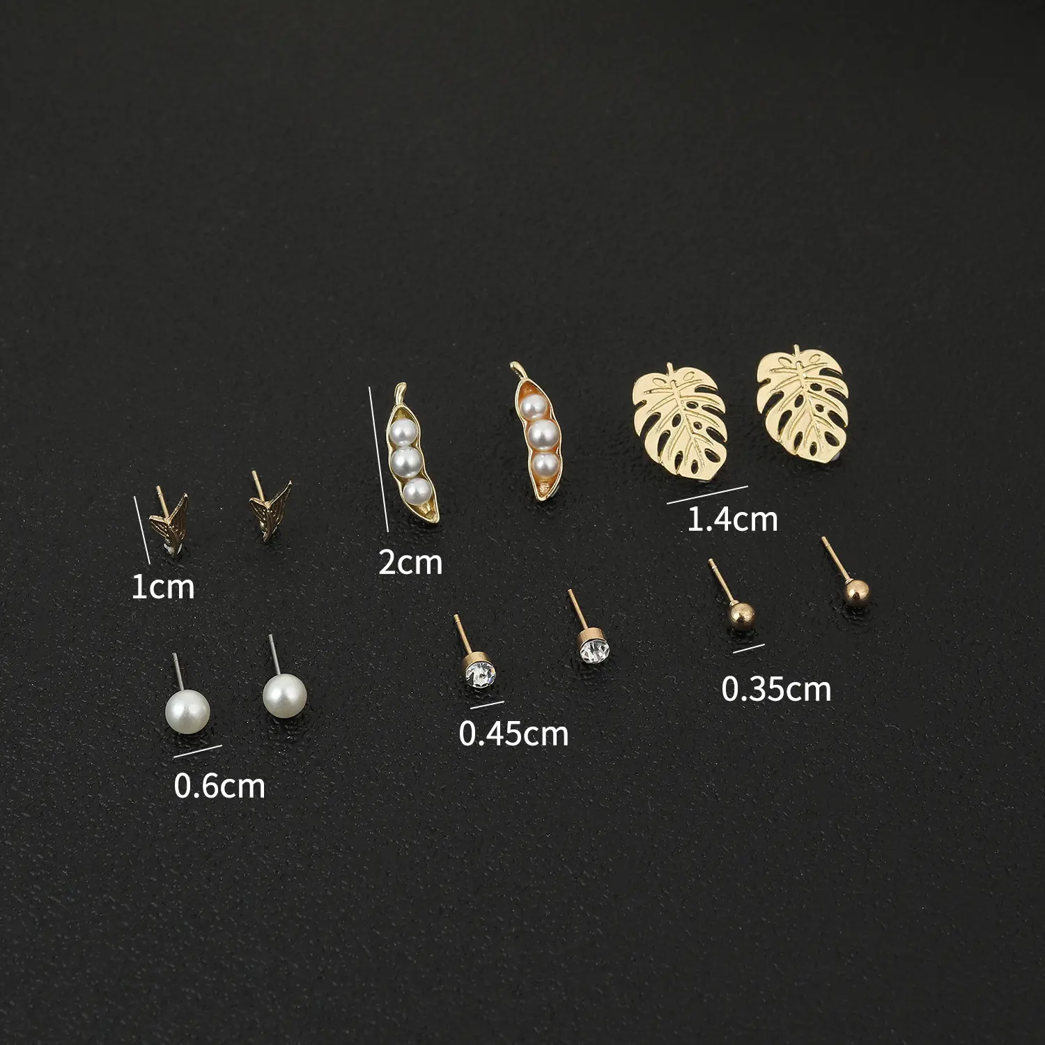 Picture of 6 Pairs/set trendy bean and leaf style stud earring set for women's girls fashion(Gold)