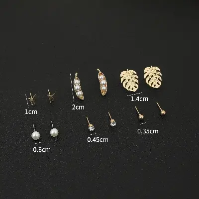 Picture of 6 Pairs/set trendy bean and leaf style stud earring set for women's girls fashion(Gold)