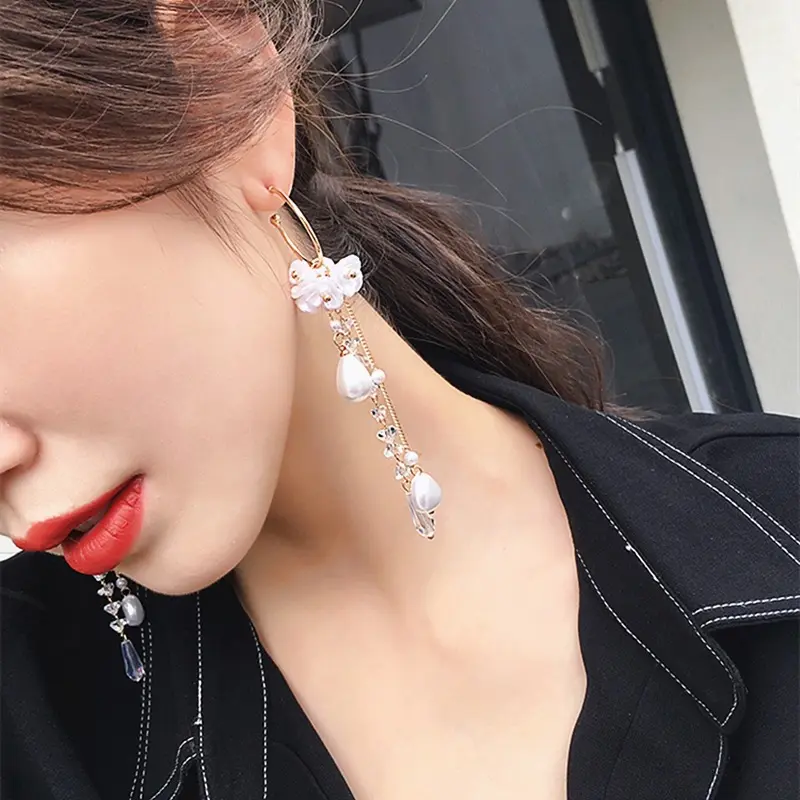 Picture of Silver needle earring female Korean long tassel earring earrings super fairy pearl earrings for women fashion - Ear Ring - কানের দুল - Earrings For Girls(Silver)