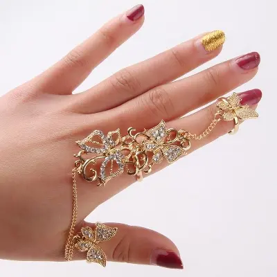 Picture of Temperament butterfly hollow set ring flower vine rhinestone adjustable Finger Ring(Gold)