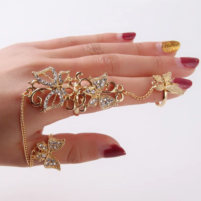 Picture of Temperament butterfly hollow set ring flower vine rhinestone adjustable Finger Ring(Gold)