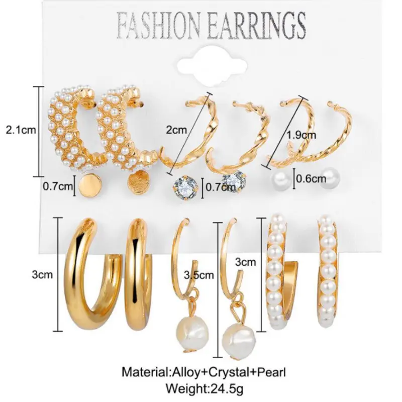 Picture of European and American 9 Pairs/set inlaid women's pearl earrings creative french retro ear rod 9 set(Gold)