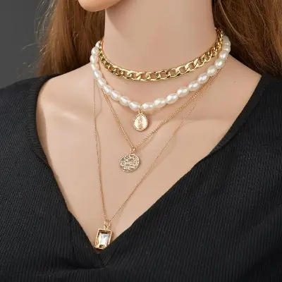 Picture of Multilayer Sweater Chain Female Jewelry Crystal Pendant Pearl Necklace For Women Fashion - Necklace S(Gold)