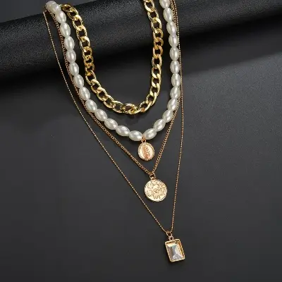 Picture of Multilayer Sweater Chain Female Jewelry Crystal Pendant Pearl Necklace For Women Fashion - Necklace S(Gold)