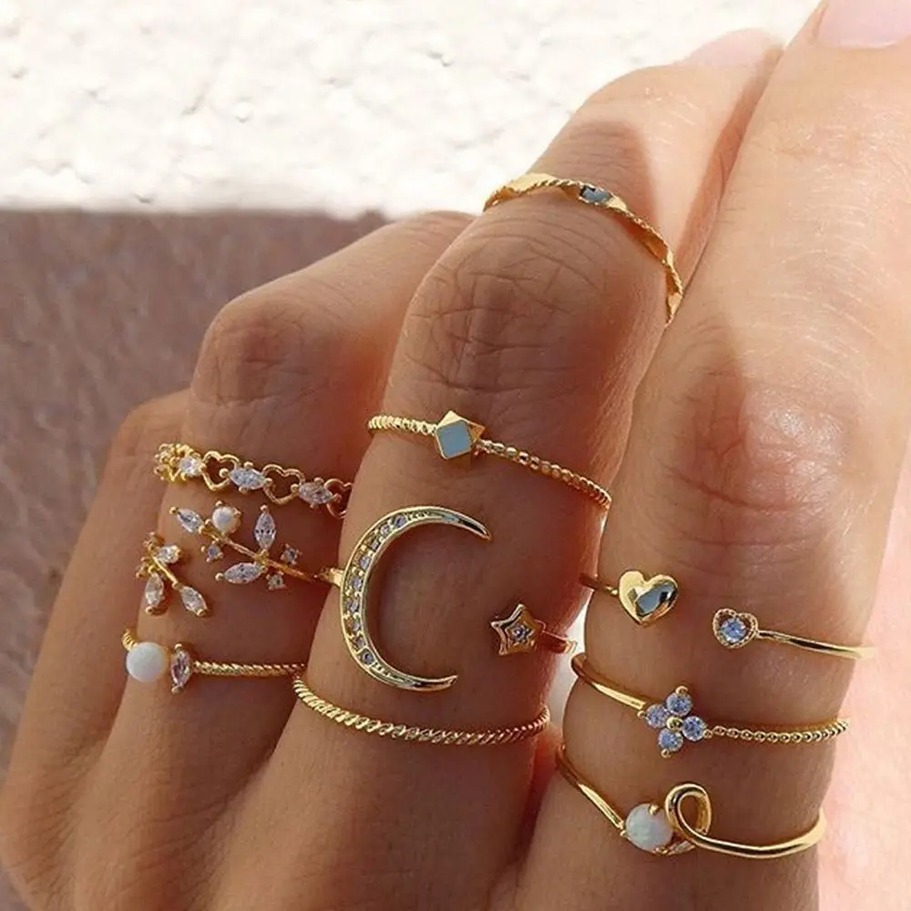 Picture of 10 Pcs/set simple golden color regular size finger ring for women fashion gift(Gold)