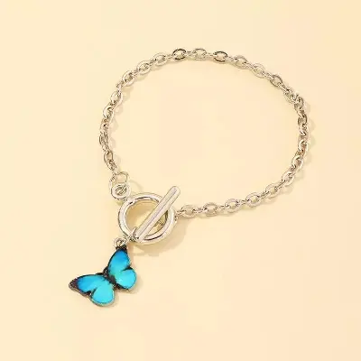 Picture of 2 Pcs/Set Blue Color Butterfly Titanium Steel Chain Bracelet for Women- 2 Pcs(Blue)