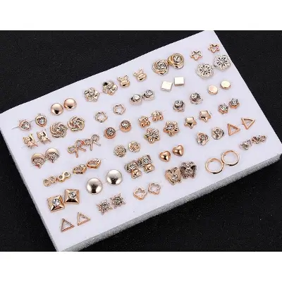 Picture of 36 Pairs Earrings Mixed Styles Rhinestone Sun Flower Geometric Animal Plastic Stud Earrings Set For Women(Gold)