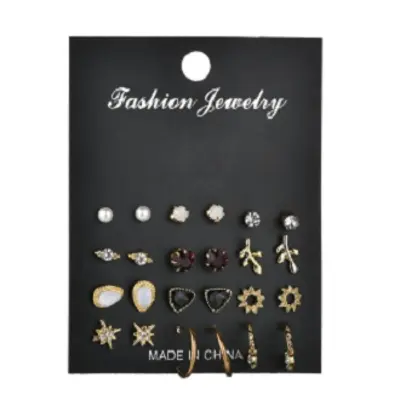 Picture of 12Pair/Set Mix Design Crystal Star Leaves Stud Earrings For Women Vintage Small Imitation Pearl Earrings Set(Gold)