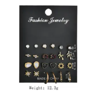 Picture of 12Pair/Set Mix Design Crystal Star Leaves Stud Earrings For Women Vintage Small Imitation Pearl Earrings Set(Gold)