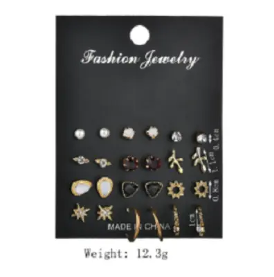 Picture of 12Pair/Set Mix Design Crystal Star Leaves Stud Earrings For Women Vintage Small Imitation Pearl Earrings Set(Gold)