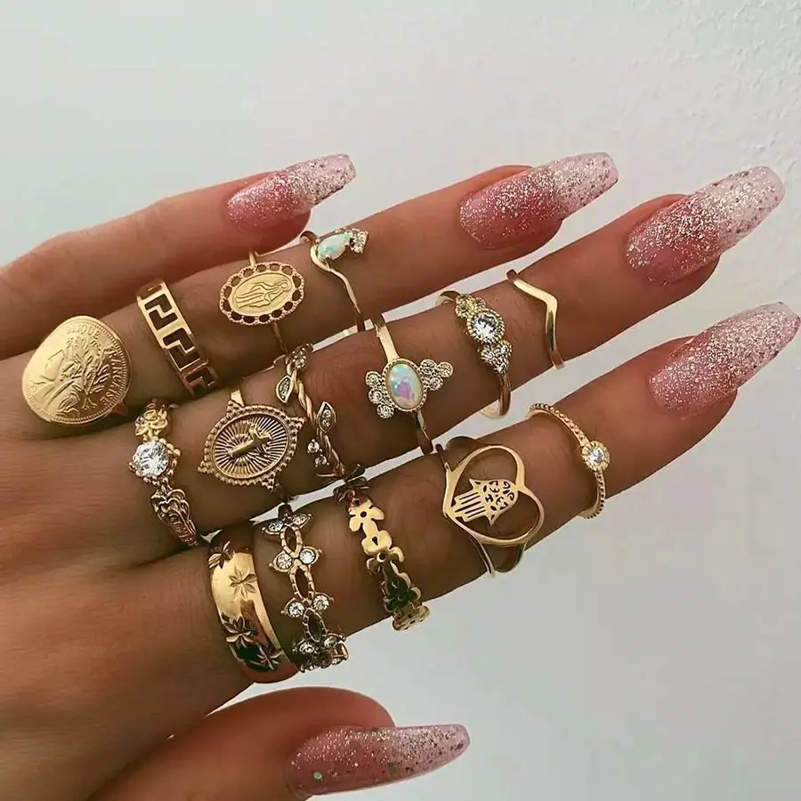 Picture of 15 Pcs Gold Color Different Trendy Finger Ring Set For Women'S Fashion - Ring S(Gold)