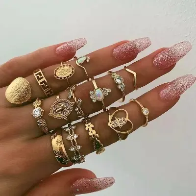 Picture of 15 Pcs Gold Color Different Trendy Finger Ring Set For Women'S Fashion - Ring S(Gold)