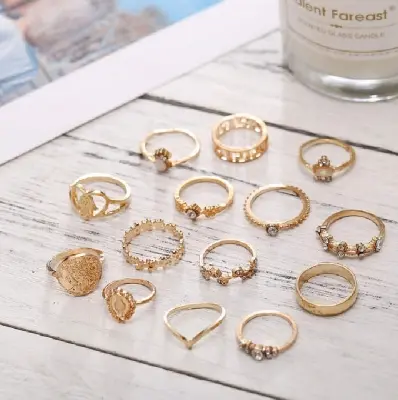 Picture of 15 Pcs Gold Color Different Trendy Finger Ring Set For Women'S Fashion - Ring S(Gold)