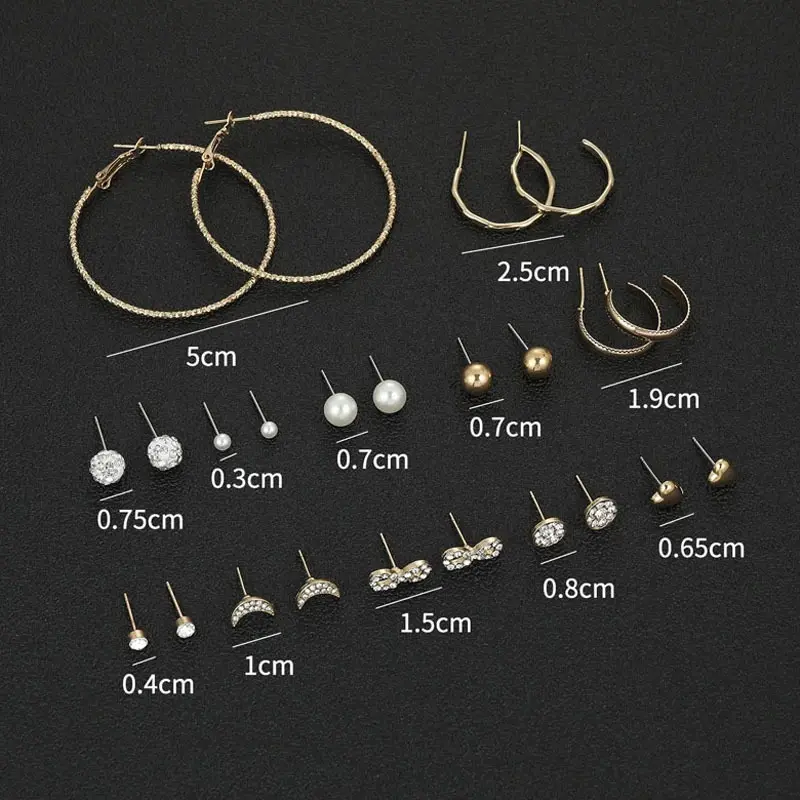 Picture of 12 Pair/Set Korean Square Zircon Stud Earrings Rhinestone Set Earrings Crystal Geometric Beans Ear Jewelry(Gold)