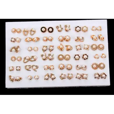 Picture of 36 Pairs Of Mixed Models Simple Bottom Inlaid Color Hypoallergenic Pearl Earrings Stud -stud Earrings Set(Gold)