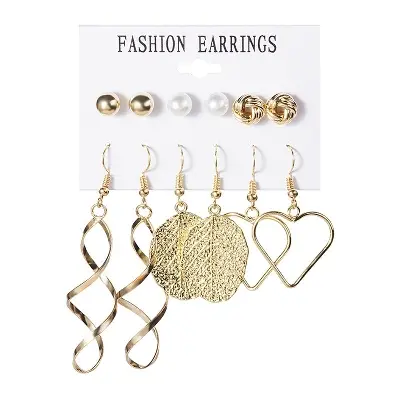 Picture of 6 Pairs/set leaf love shape earring curved earring set for women's fashion(Gold)