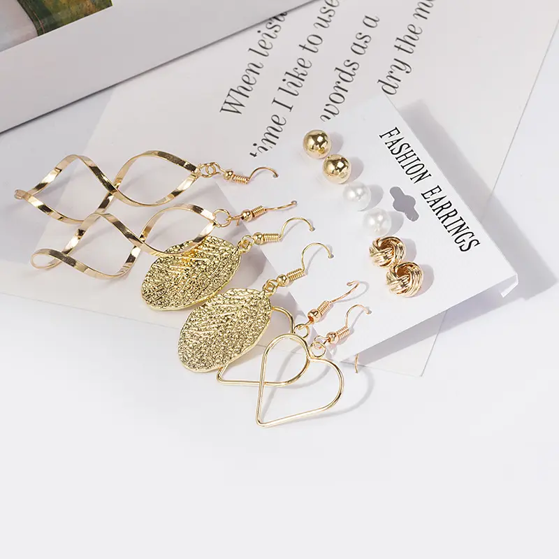 Picture of 6 Pairs/set leaf love shape earring curved earring set for women's fashion(Gold)