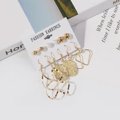 Picture of 6 Pairs/set leaf love shape earring curved earring set for women's fashion(Gold)