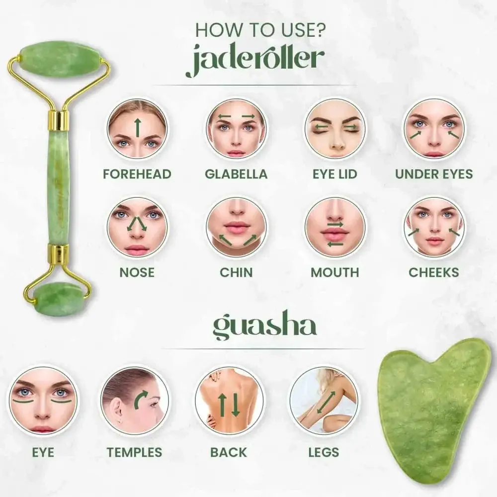 Picture of Green Natural Jade Massage Spa Rollers + Gua Sha Board Scrapers Set for face body relaxation anti-aging message (2 in 1 Set)(Green)