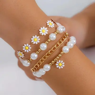 Picture of 4 Pcs/Set Cute Flower Pearl Golden colour Bracelets for women(Gold)