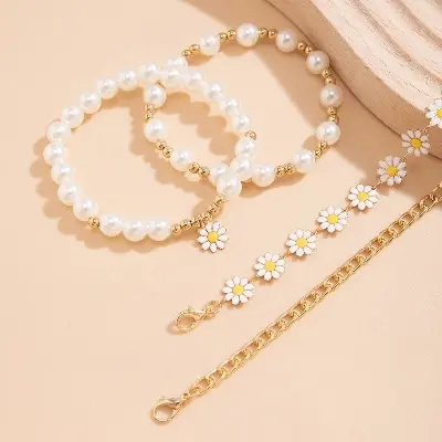 Picture of 4 Pcs/Set Cute Flower Pearl Golden colour Bracelets for women(Gold)