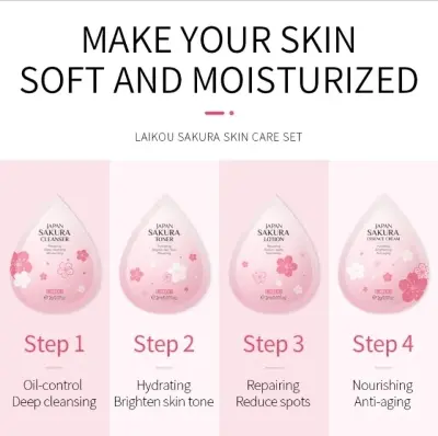 Picture of LAIKOU Japan Sakura Skin Care Mini 4 Pcs Combo (Face Cleanser /Toner/ Lotion/ Essence Cream)-2gm/Each(Japan Sakura)
