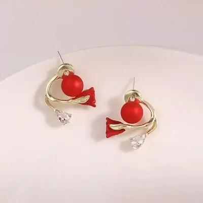 Picture of Red Flower Tulip Earnings Imitation Elegant Sweet Lovely Earrings For Korean Women Gifts Earrings Wedding- 2 Parts(Red)