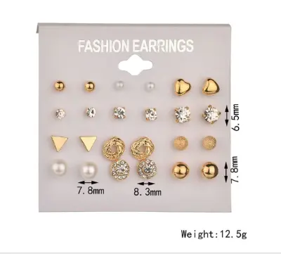 Picture of 12 Pairs Stud Earring Set Trendy Square Ball Heart Small Earrings Women Christmas Earring