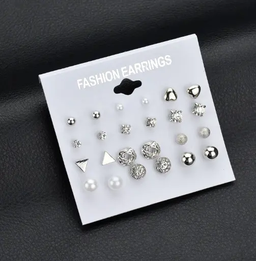 Picture of 12 Pairs Stud Earring Set Trendy Square Ball Heart Small Earrings Women Christmas Earring