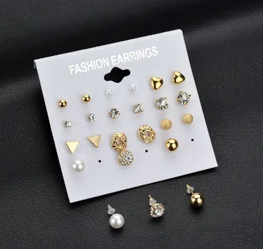 Picture of 12 Pairs Stud Earring Set Trendy Square Ball Heart Small Earrings Women Christmas Earring